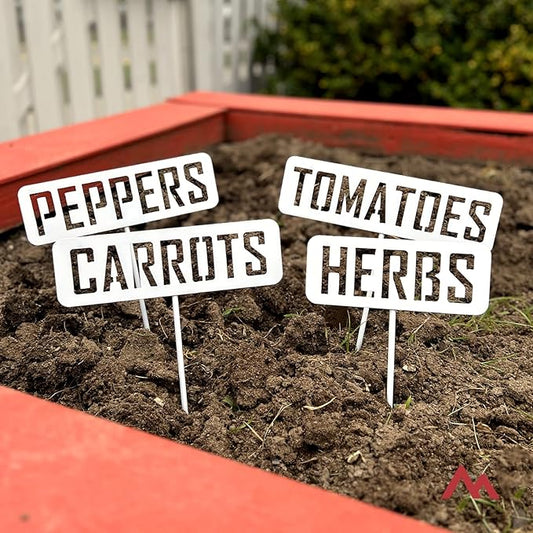 14” Tall Tomatoes White Powder Coated Steel Garden Plant Label Sign Durable Stake for Vegetable Herb Growing Yard Greenhouse for Outdoor Gift Made in USA
