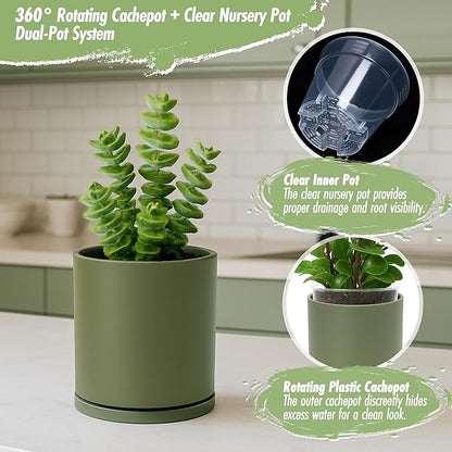 D'vine Dev Double-Layer Planter Set – Rotating Plastic Cachepot with Clear Inner Liner for Root Health, Perfect for Indoor Plants, 4.5", Olive, 73-U-C-1