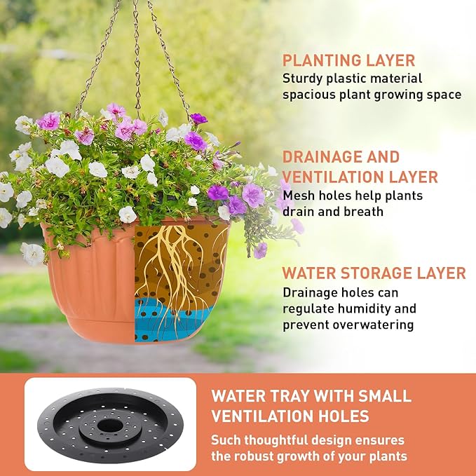 12 Sets Hanging Planters for Indoor and Outdoor Plants Terracotta Self Watering Hanging Basket Flower Pots Plastic Plant Pots with Drainage Hole and Absorbing Tray (10 Inch)
