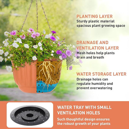12 Sets Hanging Planters for Indoor and Outdoor Plants Terracotta Self Watering Hanging Basket Flower Pots Plastic Plant Pots with Drainage Hole and Absorbing Tray (10 Inch)
