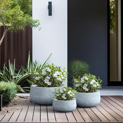 Kante 19.6",15.7",11.8" Dia Round Concrete Planters Set of 3, Cement Plant Pots with Drainage Hole and Rubber Plug for Outdoor Indoor Garden Home, Modern Curvaceous Design, Gray