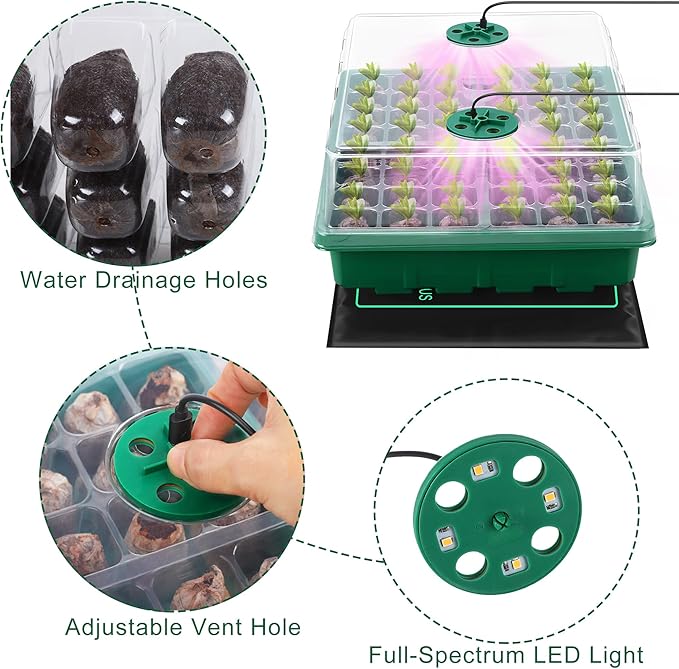 Seed Starter Kit with Grow Light Seedling Heat Mat 48 Cells Seed Starter Tray with Humidity Dome and Base Germination Trays Plastic Growing Trays Plant Propagation Kit for Seed Starting, Green