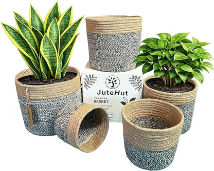 Planter Basket Set – 5-Piece Handwoven Jute Planter Basket for Home Decor, Nursery, or Indoor Plants (5'' to 8'' Diameter, 4.75'' to 7.75'' Height) – Fold & Wrinkle Free - Natural Jute with White Band