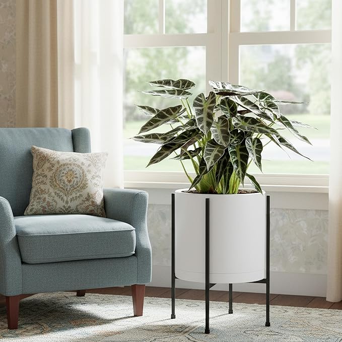 D'vine Dev 10 Inch White Planter Pot with Stand – Modern Plastic Cylinder Flower Pot with Heavy-Duty Metal Stand for Indoor Plants, 55-D-A-2