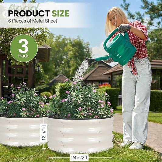 G GOOD GAIN Round Raised Garden Bed - 3Pcs 2x2x1ft Galvanized Steel Planter Boxes Outdoor with Rubber Edge Trim | Metal Raised Beds for Gardening Vegetables Flowers Fruits Herbs (White)