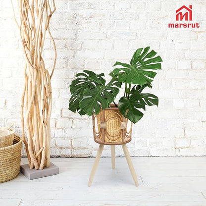 Rattan Plant Stand, Wicker Plants Baskets Indoor, Small, Cute Handmade Woven Wooden Planter with Legs, Boho Style Hollow Flowers Display Rack Straw Standing Floor Stool Shelf for Pot Holder Outdoor Decorations