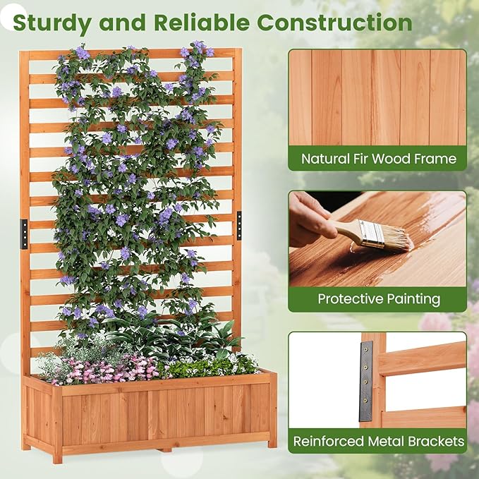 HAPPYGRILL Raised Garden Bed with Trellis, 59" Tall Wooden Elevated Planter Box w/Liner, Drainage, Detachable Base Panel for Climbing Plant Vine Flower, Outdoor Planter w/Trellis for Patio (2)