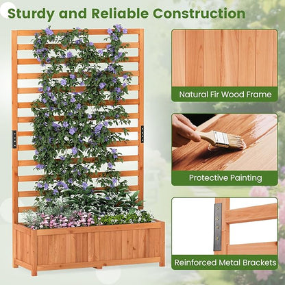HAPPYGRILL Raised Garden Bed with Trellis, 59" Tall Wooden Elevated Planter Box w/Liner, Drainage, Detachable Base Panel for Climbing Plant Vine Flower, Outdoor Planter w/Trellis for Patio (2)