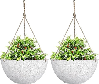 LA JOLIE MUSE Large Hanging Planters for Outdoor Plants - 13 Inch Hanging Flower Pots Set of 2, Speckled White