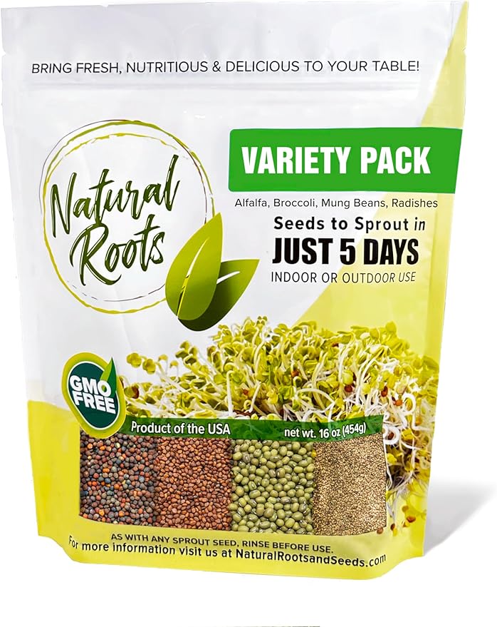 Variety Pack Sprouting Seeds. One Pound. Includes one Pack of Broccoli, Alfalfa, Radish & Mung Beans. for Sprouts and Microgreens. Non-GMO. Seeds for Jar or Trays. Each Pack is a Quarter Pound