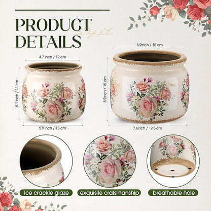 2 Pcs 7.7" & 5.9" Large Ceramic Plant Pot Beige Pink Rustic Rose Crackle Glaze Rustic Flowers Pot Decorative Planter with Drainage for Indoor Outdoor Plants Home Kitchen Office Decor Gift
