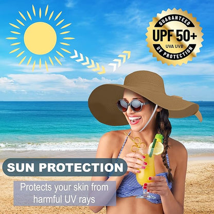 Women's Wide Brim UPF 50+ Straw Sun Hat with Bow - Foldable Packable Summer Beach Hat with Chin Strap