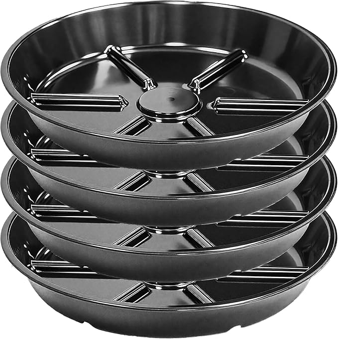 Plant Saucer Pot Tray 14 inch, 4 Packs Flower Planter Saucers and Drip Trays, Heavy Duty Round Plastic Flower Plant Dish Pant Plate to Catch Water for Indoor & Outdoor, Black