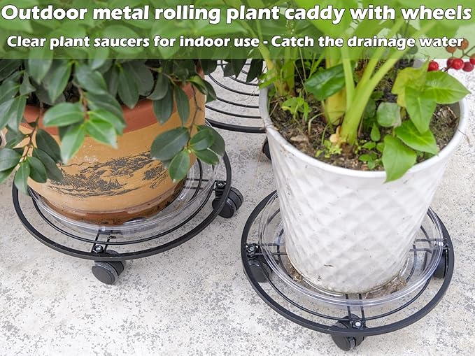 15.8" Metal Plant Caddy with Wheels 5 Packs Extra-large Rolling Plant Stands Wheeled Plant Dolly Heavy-duty Pot Mover Roller Base Indoor Outdoor Plant Trolley Cart with Brake Water-proof, Black