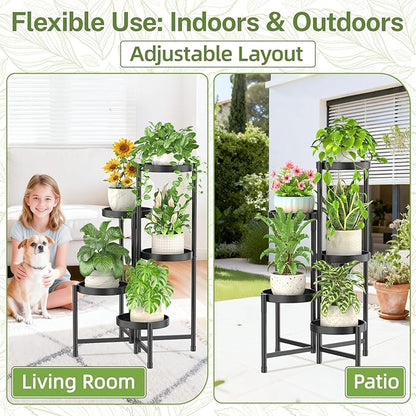 iDavosic.ly Plant Stand with Garden Tools, 5 Tier Corner Metal Flower Display Holder Shelf Indoor Outdoor, Easy Assembly Folding Tall Orchid Rack for Patio Balcony Porch Living Room House, Black