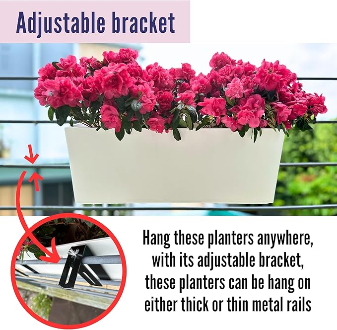 LaLaGreen Railing Planter Box (2 Pack, 14 Inch) White Rectangular Window Flower Boxes with Bracket, Self Watering System Hanging Planters for Outdoor Plant Pot Container Deck Rail Fence Balcony Herb