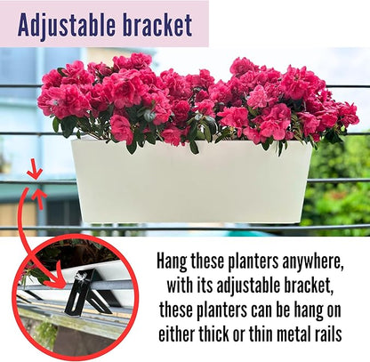 LaLaGreen Railing Planter Box (2 Pack, 14 Inch) White Rectangular Window Flower Boxes with Bracket, Self Watering System Hanging Planters for Outdoor Plant Pot Container Deck Rail Fence Balcony Herb