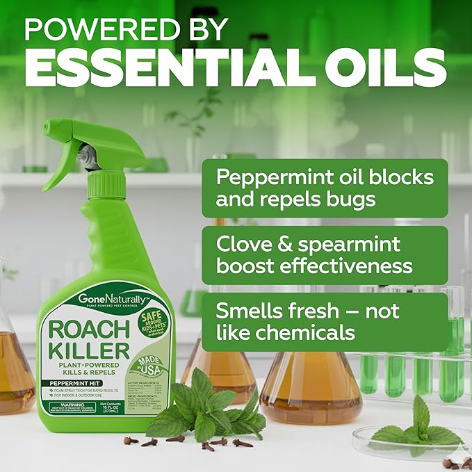 Roach Killer – Natural Peppermint Oil Roach Spray for Indoor & Outdoor Use – Cockroach Killer & Roach Repellent for Home – Safe for Kids & Pets Pest Control Solution (16oz)