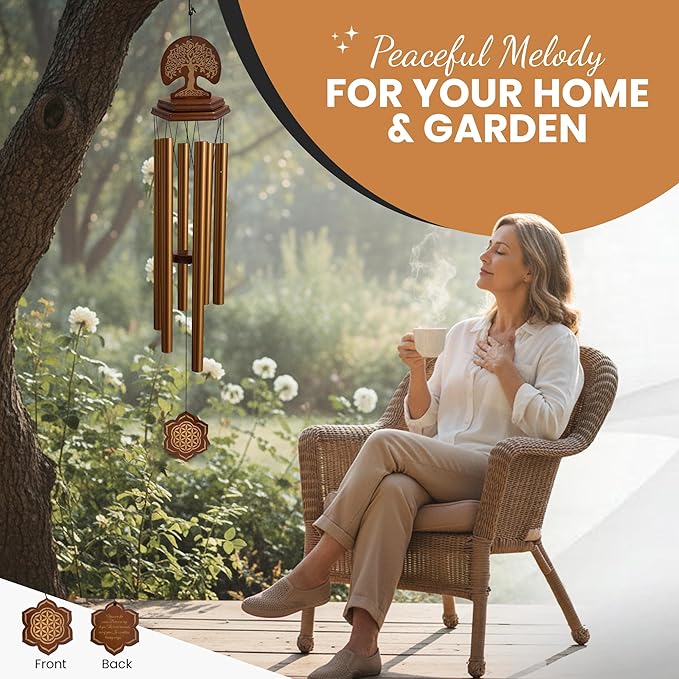 Wind Chimes Outdoor - Sympathy Gift for Loss of a Loved one, 36" Funeral Gift Includes a Letter from Heaven & Keepsake Keychain, Deep Toned, Double Sided Engraving Hexagonal Pendant - Golden