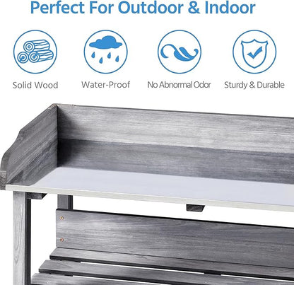 Yaheetech Garden Potting Table Horticulture Potting Bench w/Storage Shelf W/Metal Tabletop w/Hook 3 Shelves Workstation Work Benches Station, Gray