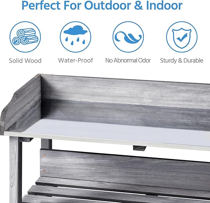 Topeakmart Fir Wood Potting Bench W/Storage Shelf W/Metal Tabletop W/Hook 3 Shelves Potting Table for Outdoor Garden Work Bench Gray