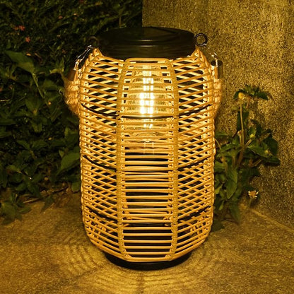 Livinlarge Solar Lantern Outdoor Hanging Lights, Large Solar Rattan Lantern Outdoor Waterproof with Twine Handle, Bright Outdoor Lanterns with Edison Bulb for Garden Patio Yard Tabletop Decoration
