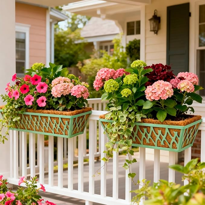 6 Pack 30 Inch Window Boxes Planters Railing Planter Box with Adjustable Brackets for Porch Fence Patio Balcony Hanging Flower Baskets with Coco Liners for Outdoor Garden Decor - Green