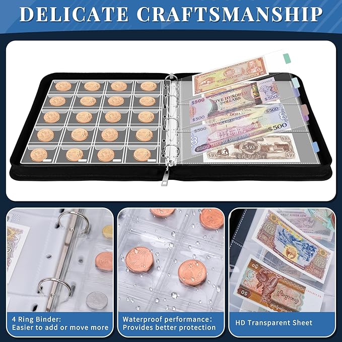 SelfTek Fireproof C-oin Collection Book Holder for Collectors, 468 Pockets C-oin Album&36 Paper Currency Binder Sleeves with Collection Labels, C-oin Storage Organizer G-ifts for Pennies, Bills,Tokens