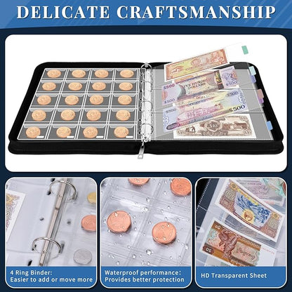 SelfTek Fireproof C-oin Collection Book Holder for Collectors, 468 Pockets C-oin Album&36 Paper Currency Binder Sleeves with Collection Labels, C-oin Storage Organizer G-ifts for Pennies, Bills,Tokens