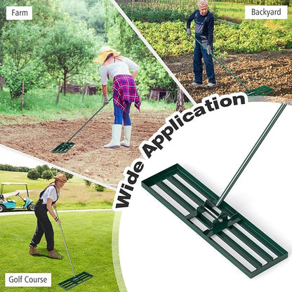 36" x 10" Lawn Leveling Rake, Heavy Duty Landscape Rake with 67" Handle, Non-Slip Grip & Flat Head, Space-Saving Lawn Level Tool for Garden, Backyard, Golf Course & Sports Field(Green)