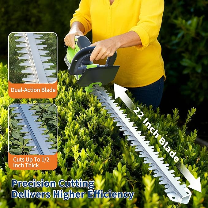 Hedge Trimmer Cordless with Battery, Electric Hedge Trimmer, 22 Inch Handheld Bush Trimmers, with 2 20V 2.0Ah Batteries and Charger, Brushless Motor, Dual Safety Switch, for Gardening, Lawns