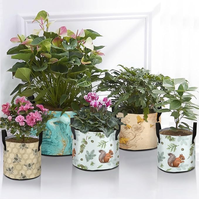 3 Gallon Spring Pine Branch Squirrel Breathable Grow Bag Thickened Plant Pot Containers Bag with Handles for Garden Potato Tomato Flowers Fruits Vegetables