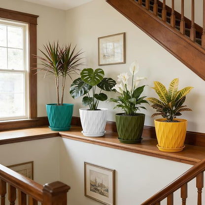 8 Inch Plant Pots, 4 Pack Plastic Planters for Indoor Outdoor with Drainage Holes & Saucers, Waffle Texture Flower Pots for Indoor Plants, Indoor Plant Pots for Monstera, Fiddle Leaf Fig Colorful
