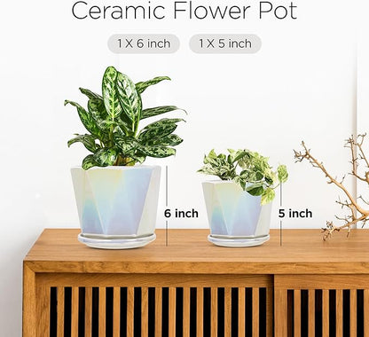 Coco Andrea Ceramic Plant Pots for Indoor Plants with Drainage & Saucers - 5-inch Iridescent White Planters for Houseplants, Succulents & Flowers - 2-Piece Housewarming Gift Set (2, Large)