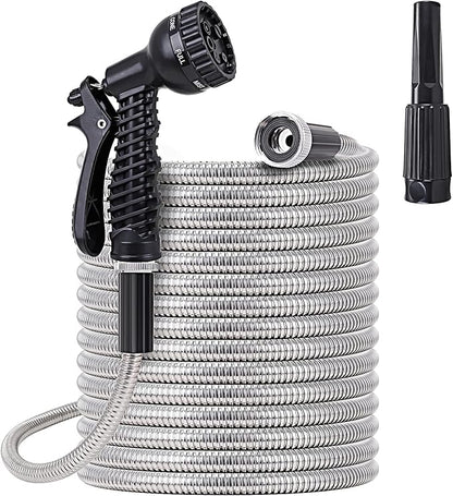 FOXEASE Metal Water Hose 25 ft - Stainless Steel Water Hose with 2 Nozzles, Lightweight, Tangle Free & Kink Free, Heavy Duty, High Pressure, Flexible, Dog Proof