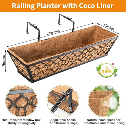 Riare 2 Pack 24 Inch Window Boxes Planters with Coco Liner, Metal Deck Railing Planter Boxes, Balcony Planters Railing Hanging, Horse Trough Window Flower Planter Boxes for Outdoor Porch Fence Patio