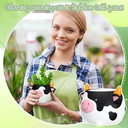 Sieral 2 Pcs Lovely Cow Succulent Pots with Drainage Cute Animal Plaster Planter Pots Plants Holder Cow Shaped Cactus Flower Container for Home Display and Office Desk Decoration