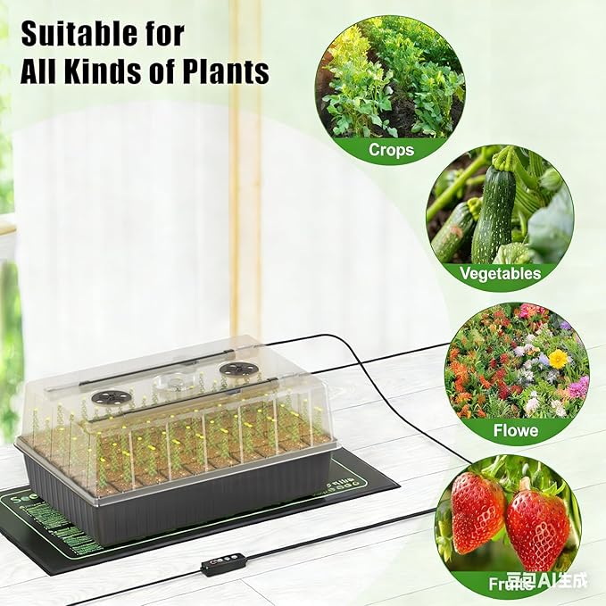 60 Cell Self-Watering Seed Starter Tray with Grow Light and Heat Mat,Seed Starter Kit,Humidity Domes,Auto Timer,Flexible Brightness Seedling Starter Trays for Seed Starting & Seeds Growing