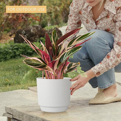 kubvici Plant Pots for Indoor Plants, 2 Pack 10 Inch Plant Pot Plastic Flower Pots Planters with Drainage Saucer for Indoor Outdoor Garden Home (10" White)