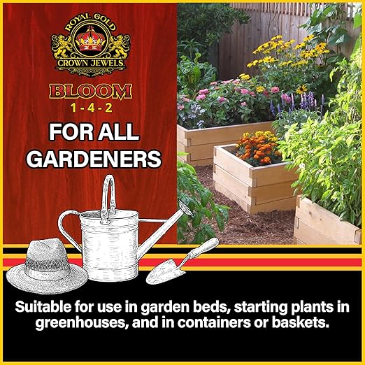 Royal Gold Crown Jewels Organic Bloom 1-4-2 Dry Soluble Fertilizer, 1 lb - for Feeding Flowering Crops to Produce Vigorous Blossoms and Optimal Plant Development