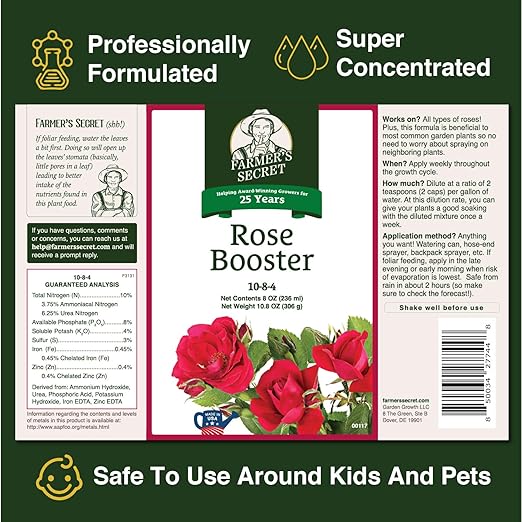 Farmer's Secret Rose Booster Fertilizer (32oz) - Super Concentrated - Formulated for All Types of Roses Throughout The Life Cycle - Encourages Healthy Growth and Vibrant Blooms