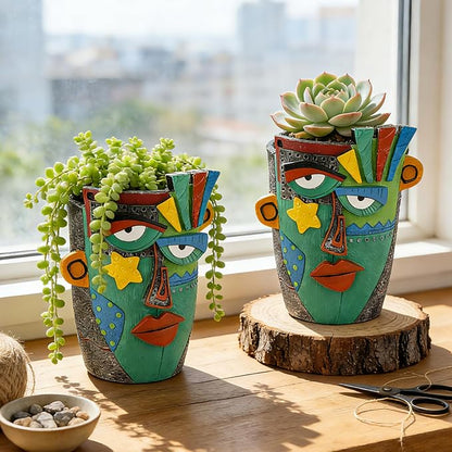 Unique Flower Pots - Abstract Picasso Face Plant Pots, Funky Planters with Drainage for Indoor Plants, Cool Head Planter for Outdoor Garden & Home Decor