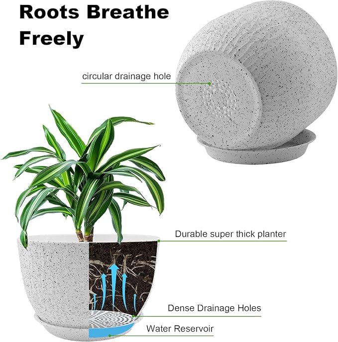 12/10/9 inch Plant Pots, 3 Pack Flower Pots for Outdoor Indoor Garden Plants, Large Planters with Multi Mesh Drainage Holes and Saucer (Speckled White, 12"+10"+9")