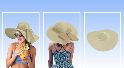 Women's Wide Brim UPF 50+ Straw Sun Hat with Bow - Foldable Packable Summer Beach Hat with Chin Strap