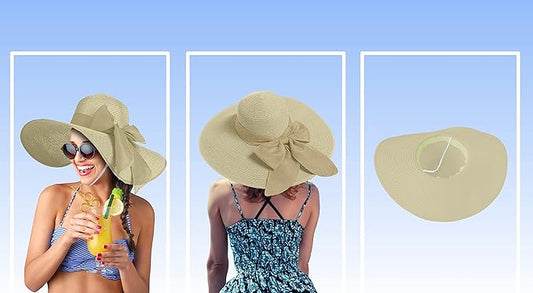 Women's Wide Brim UPF 50+ Straw Sun Hat with Bow - Foldable Packable Summer Beach Hat with Chin Strap