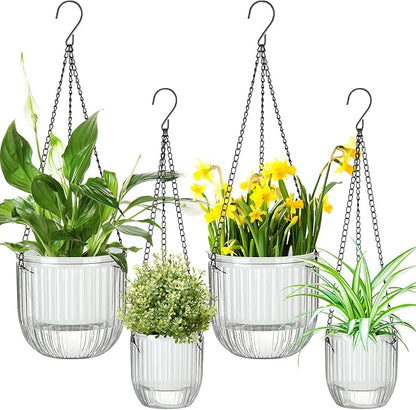 Maxcheck 4 Pcs Self Watering Hanging Planters Indoor Gift 6.5'' 4.5'' Hanging Flower Pots Baskets Outdoor Self Watering Plant with 3hooks Drainage Holes for Home(Clear)