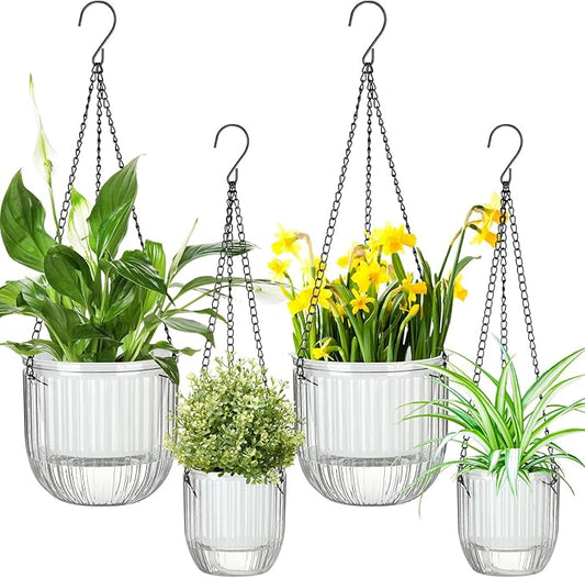 Maxcheck 4 Pcs Self Watering Hanging Planters Indoor Gift 6.5'' 4.5'' Hanging Flower Pots Baskets Outdoor Self Watering Plant with 3hooks Drainage Holes for Home(Clear)