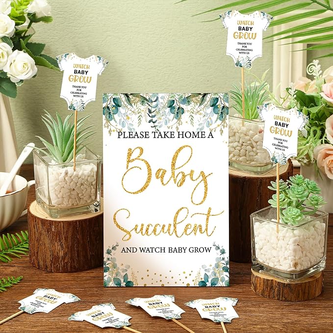 51 Pcs Watch Baby Grow Succulent Tags Baby Shower Party Favors Include 1 Piece Wooden Table Sign 50 Sets Succulent Favor Tags Decorations(Greenery Style)