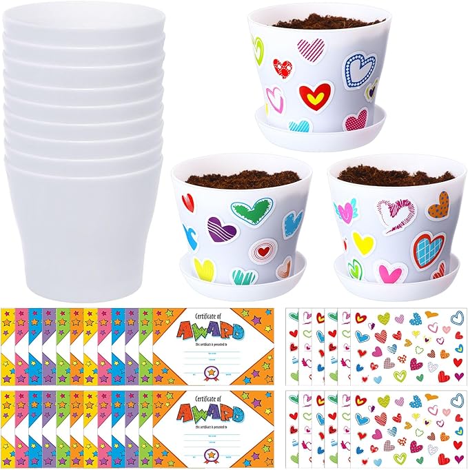 Domensi 30 Pack Spring Crafts for Kids Bulk DIY Flower Pots 4 Inch Plastic Garden Plant Pots Planters with Tray Drainage Holes with 458 Stickers 30 Certificates Cards to Decorate(White)