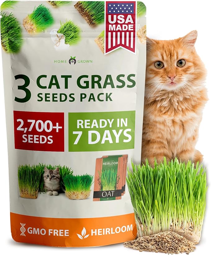 HOME GROWN 3 Cat Grass Seed Mix 2700 + Non-GMO Heirloom Oat, Alfalfa & Cat Grass Seeds | Indoor Pet Grass for Cats | High-Germination Greens for Hairball Control, Digestion, and Chewing Enrichment